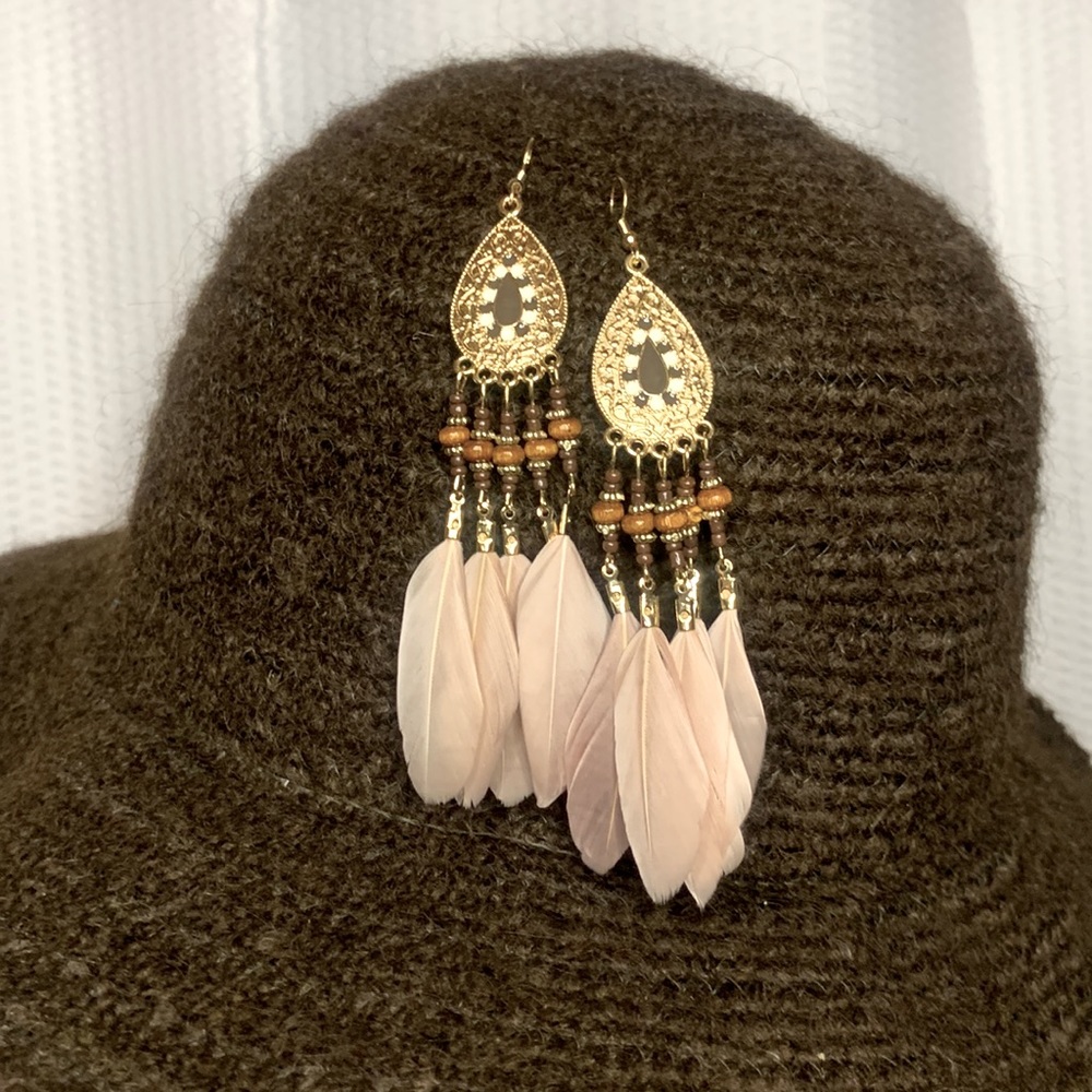Brown Feather and Bead Earrings - Picture 3 of 7